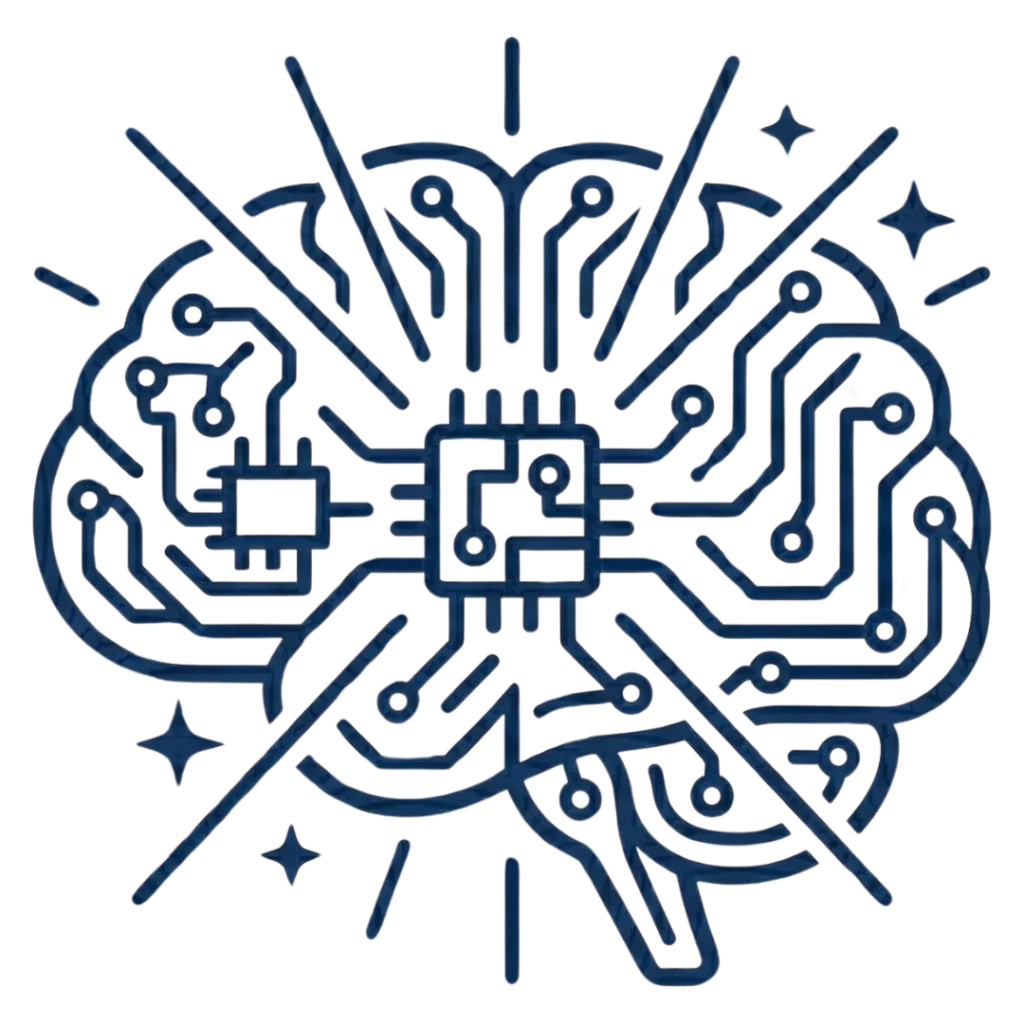 A sophisticated navy blue AI icon showing a human brain silhouette with circuit patterns and radiating light beams. - avicenafilyakako.com