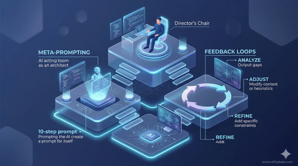 An infographic illustrating advanced Deliberate Prompting workflows including meta-prompting, feedback loops, and iterative refinement.
