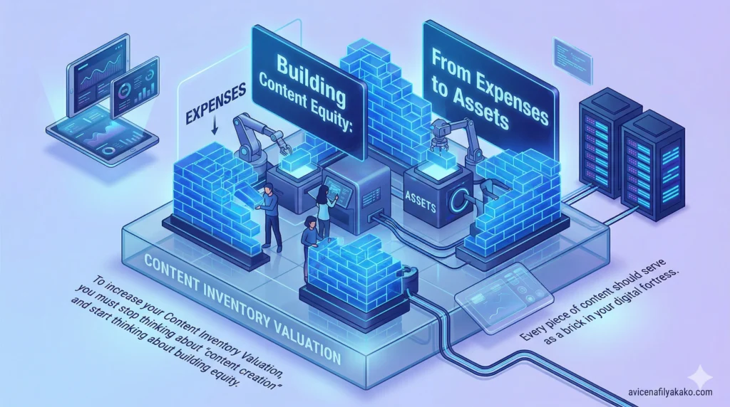 Building Content Equity From Expenses to Assets - Image avicenafilyakako.com A diagram showing the transition of content from a cost center (expenses) to a value center (assets) through the lens of Content Inventory Valuation.