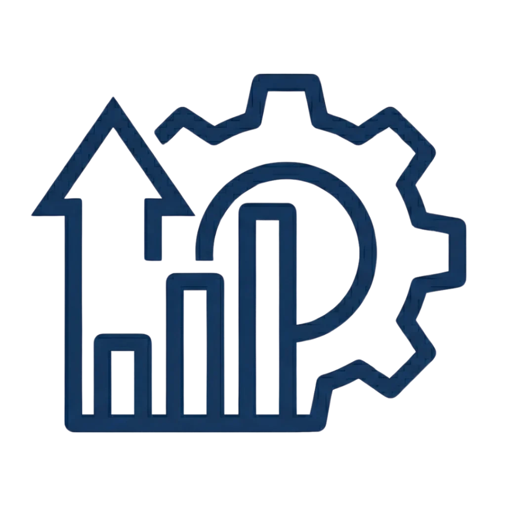 A navy blue business icon depicting an interlocking gear and an upward-pointing bar chart on a white background. - avicenafilyakako.com