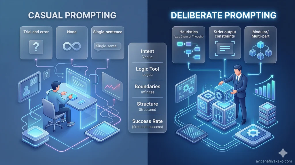 A side-by-side comparison chart showing the differences between low-effort casual prompting and high-impact Deliberate Prompting.