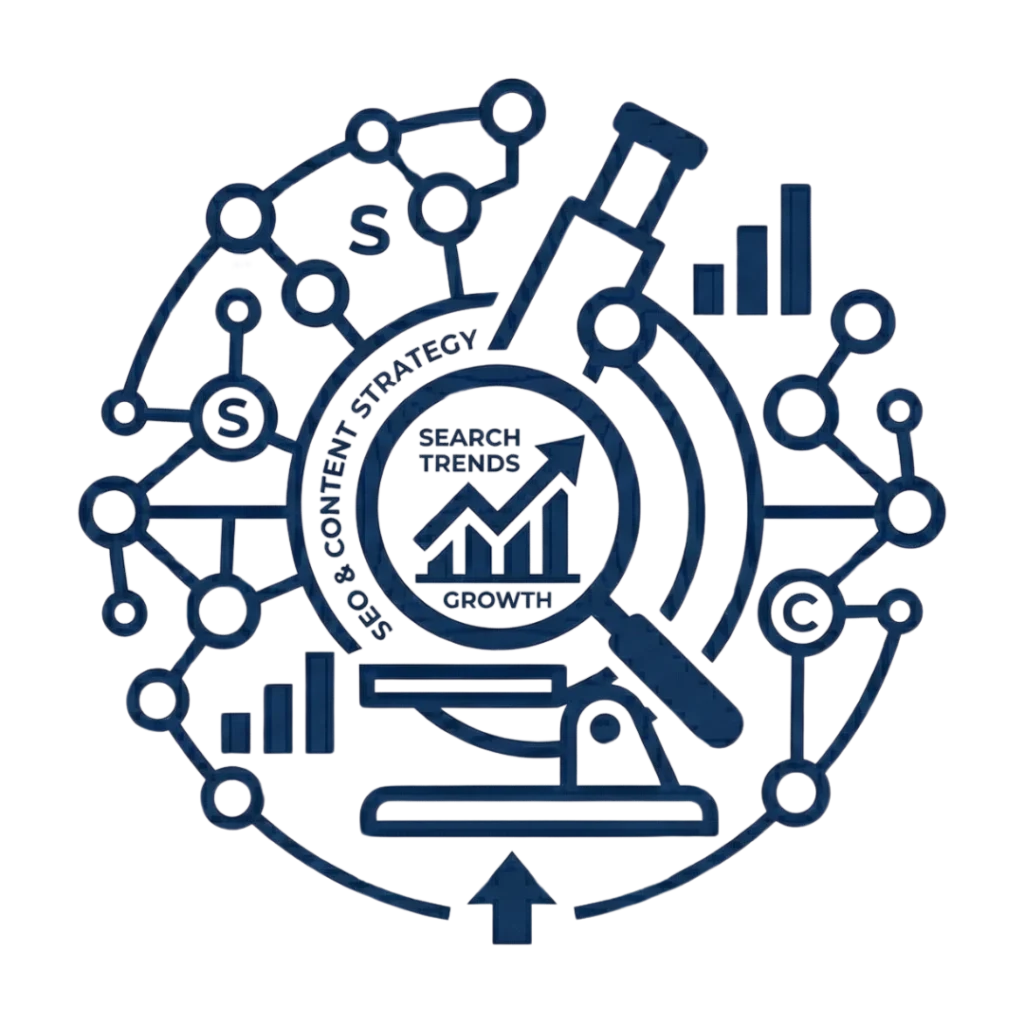A complex dark blue circular icon featuring data visualization elements like bar graphs, charts, and diagrams of atoms, plus a prominent dollar sign ($). A magnifying glass focuses on a small document labeled 'CONTENT', all connected by circuit traces and data flow arrows, representing an SEO specialist, advanced SEO strategy, data analysis, and content marketing.