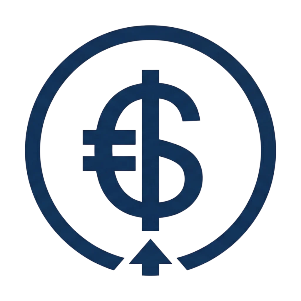 A minimalistic navy blue finance icon featuring a stylized currency symbol inside a circular emblem with an upward arrow at the base. - avicenafilykako.com