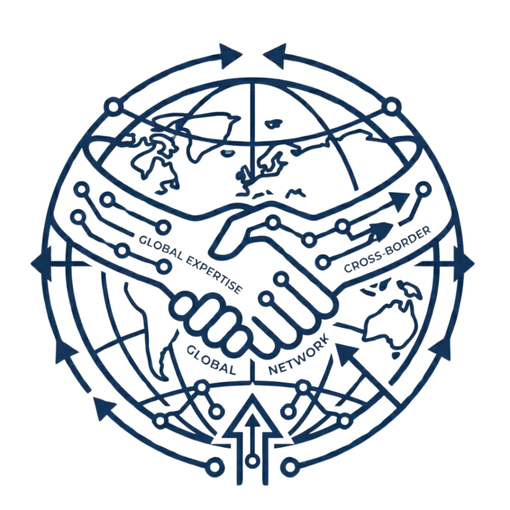 A dark blue circular icon showing a detailed globe of Earth with two hands shaking over the center. The handshake is surrounded by arrows, circuit lines, and small charts, representing a global perspective, international business, cross-border partnerships, and global trade. - avicenafilyakako.com