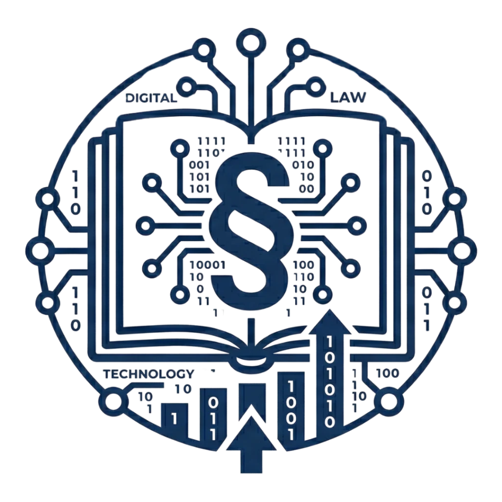 A dark blue tech-style icon of an open digital book with binary code and a large paragraph (§) symbol. It represents the intersection of digital law, legal tech education, and modern jurisprudence.- avicenafilyakako.com