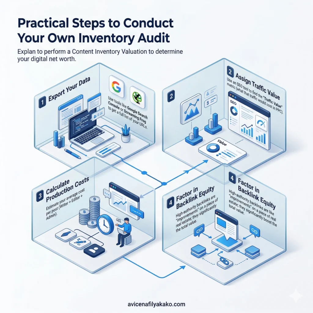 Practical Steps to Conduct Your Own Inventory Audit - infographic avicenafilyakako.com A 4-step process infographic detailing how to export data, assign traffic value, factor in equity, and calculate production costs for Content Inventory Valuation.
