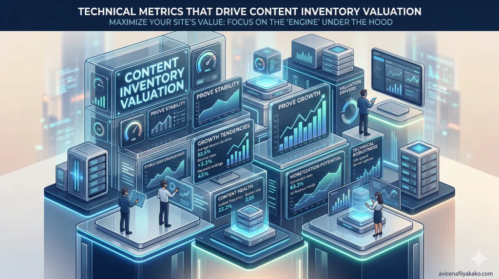 Technical Metrics That Drive Content Inventory Valuation - Image avicenafilyakako.com A complex blue-themed 3D dashboard showing various data points and servers that drive the technical side of Content Inventory Valuation.