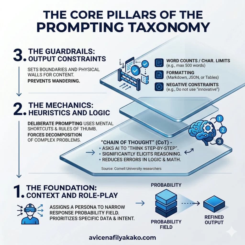 A vertical infographic showing the 3 pillars of Deliberate Prompting: Context/Role-play, Heuristics/Logic, and Output Constraints.