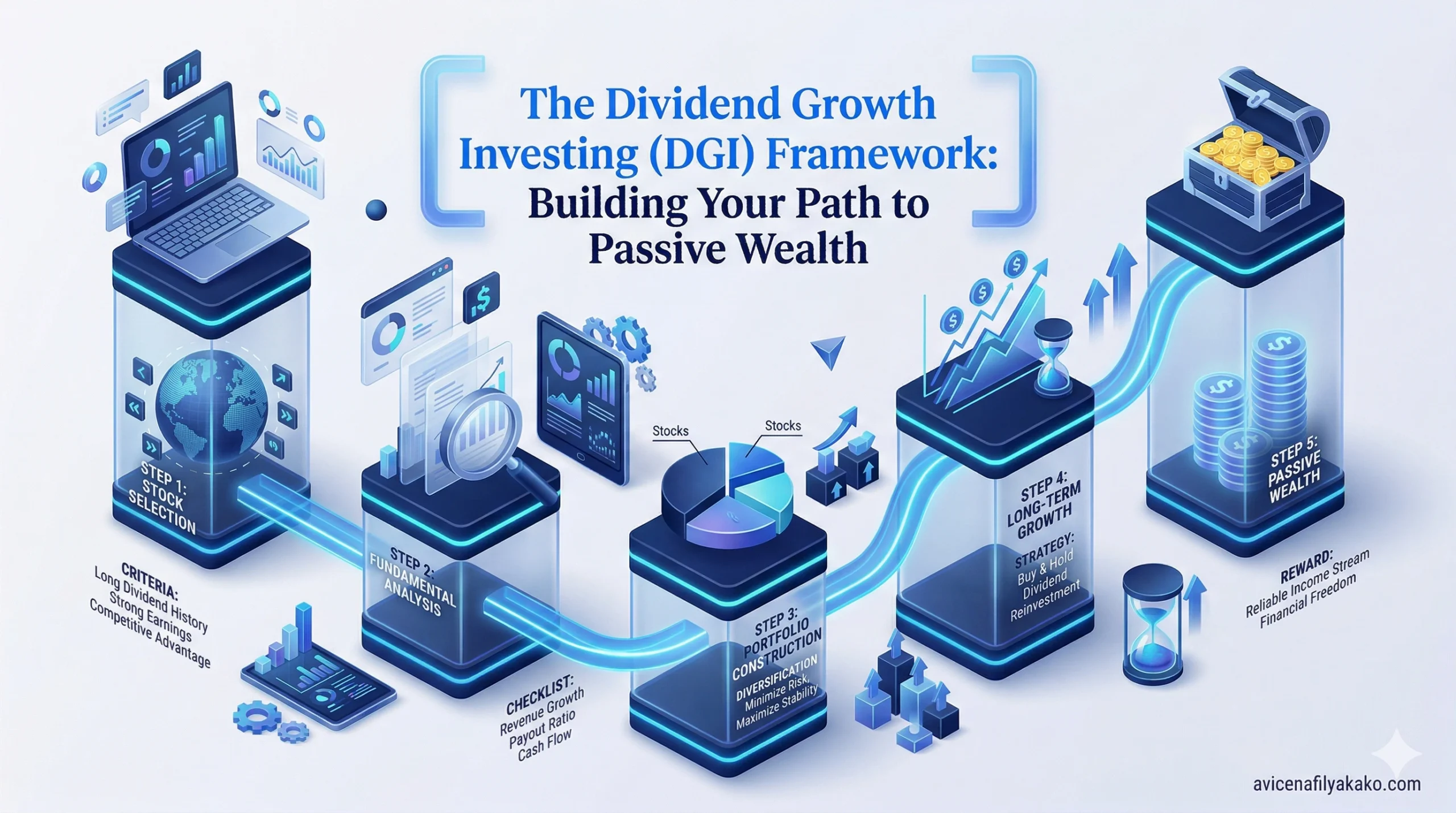 A blue-themed isometric flow chart showing the step-by-step journey of building passive wealth through dividend growth investing.