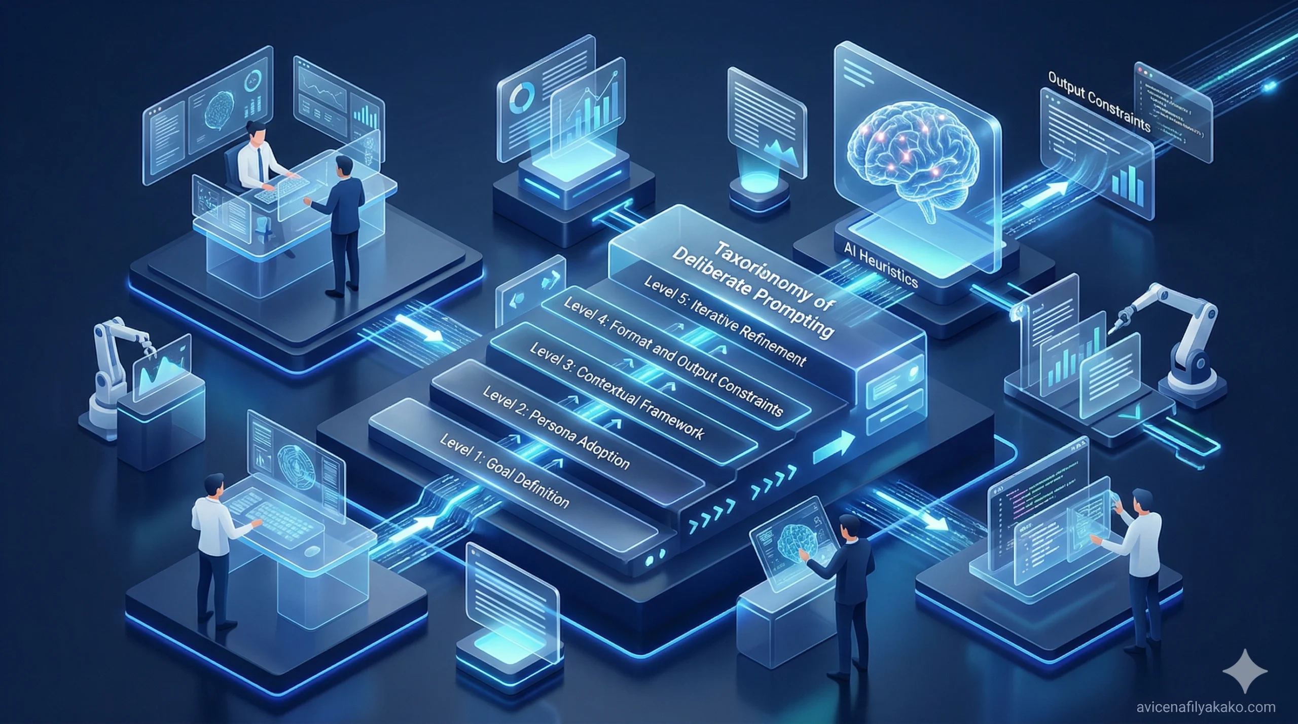A futuristic isometric 3D visualization showing the complex layers and structures of the Deliberate Prompting taxonomy.