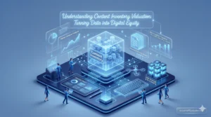 A glowing digital cube representing data being processed into "Digital Equity" through a Content Inventory Valuation system.