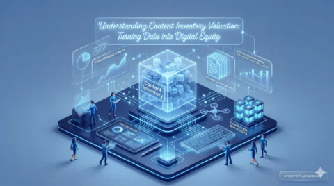 A glowing digital cube representing data being processed into "Digital Equity" through a Content Inventory Valuation system.