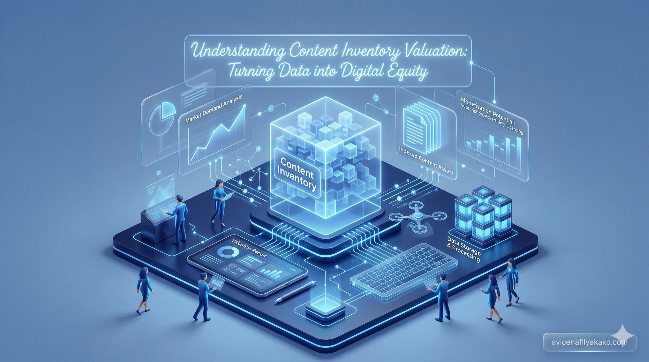 A glowing digital cube representing data being processed into "Digital Equity" through a Content Inventory Valuation system.