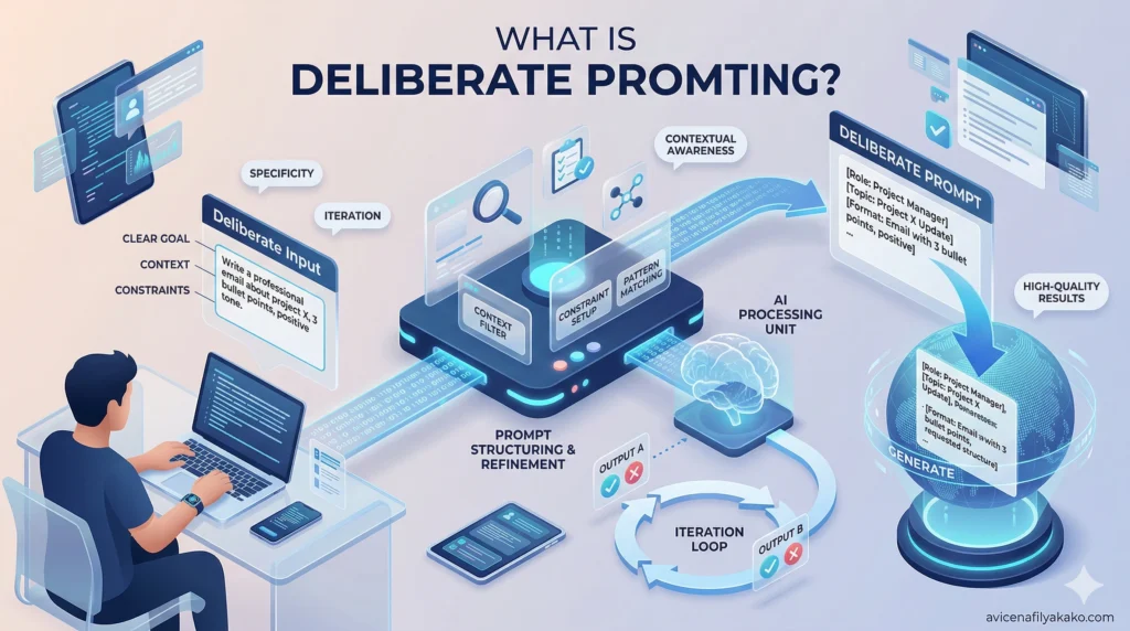 An illustration of a user interacting with an AI interface, highlighting the flow of intentional input known as Deliberate Prompting.