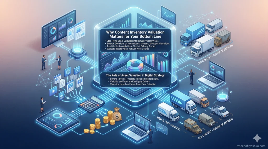 Why Content Inventory Valuation Matters for Your Bottom Line - Image avicenafilyakako.com An isometric illustration showing digital assets, delivery trucks, and coins, representing the financial impact of Content Inventory Valuation on a business's bottom line.