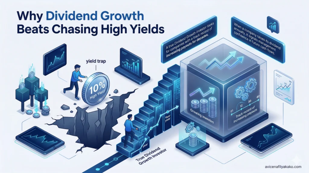 Why Dividend Growth Beats Chasing High Yields - image avicenafilyakako.com 3D isometric infographic showing a character choosing a steady upward staircase of dividend growth over a crumbling cliff of high yields.