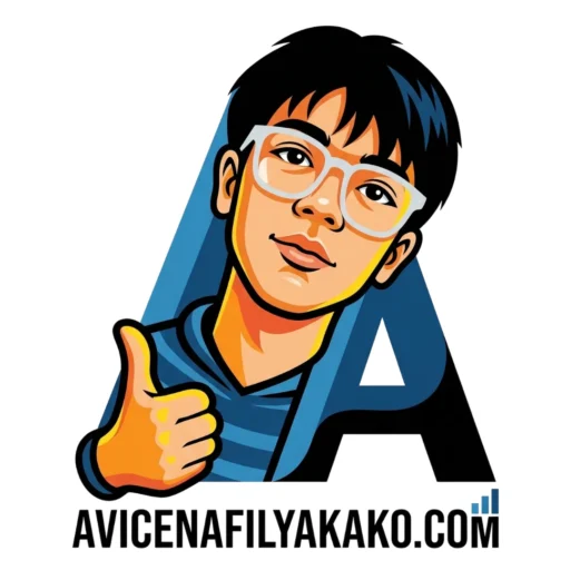 A stylized personal avatar of Avicena Fily A Kako, featuring a young man with white glasses giving a thumbs-up. The illustration is set against a large blue 'A' initial. Below the graphic, the text "AVICENAFILYAKAKO.COM" is displayed, representing the personal brand of Avicena Fily A Kako.