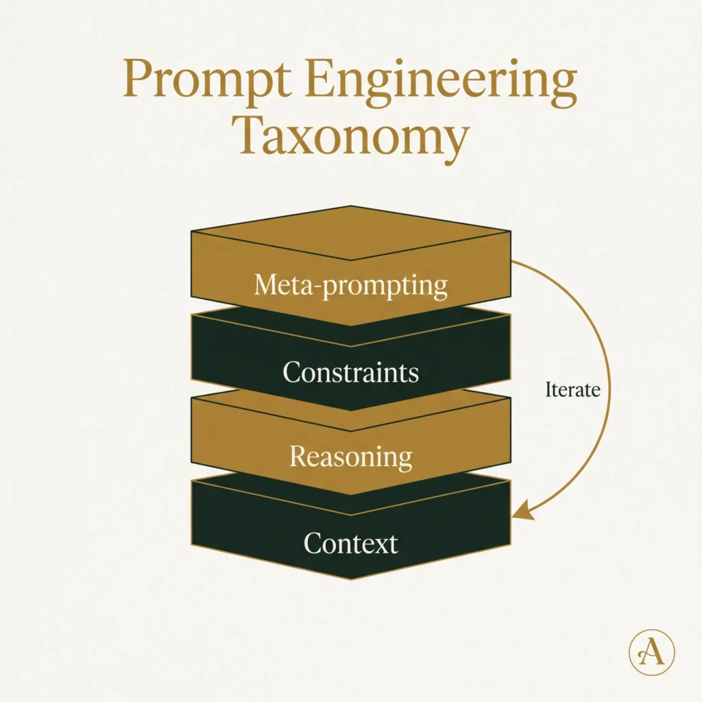 Four-layer prompt engineering taxonomy: context, reasoning, output constraints, and meta-prompting with iteration