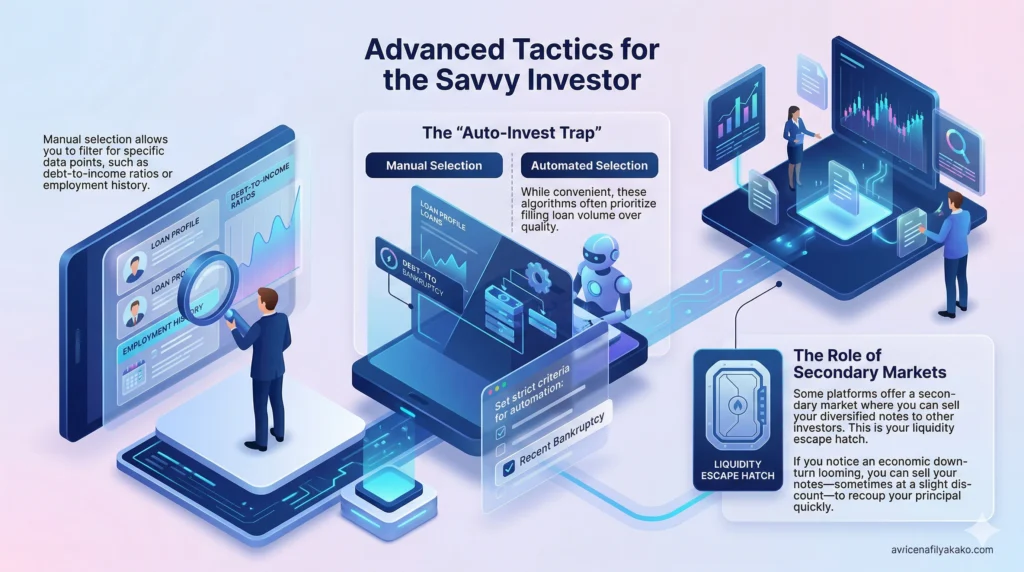 A technical blueprint showing advanced P2P Lending tactics like avoiding the "Auto-Invest Trap" and leveraging the role of secondary markets.