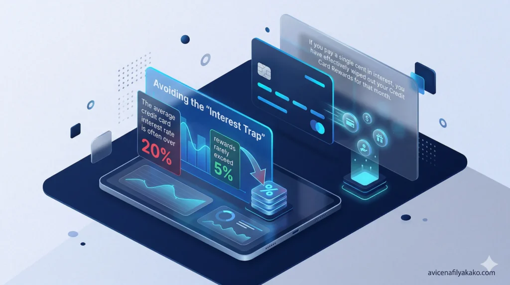 A 3D isometric visualization showing a digital credit card navigating away from high-interest pitfalls to preserve the value of Credit Card Rewards.