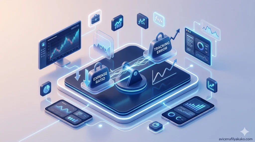 A digital scale balancing a "Low Expense Ratio" module against a "Minimal Tracking Error" graph within an Index Fund management interface.