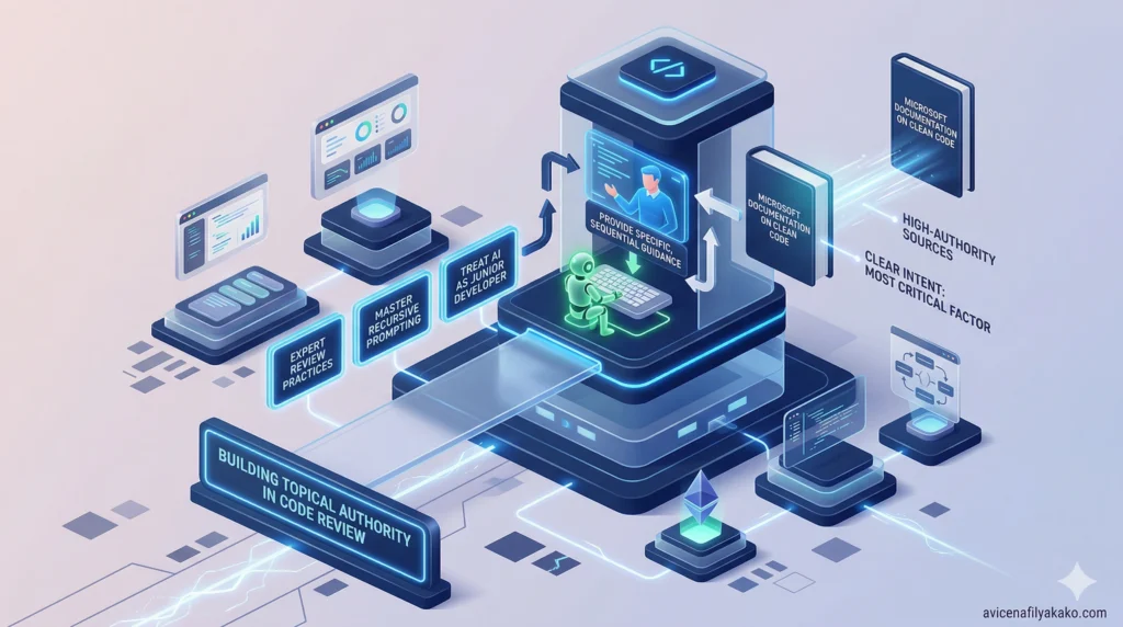 A 3D model of a central "Knowledge Core" being built up layer by layer through recursive analysis and technical reviews.