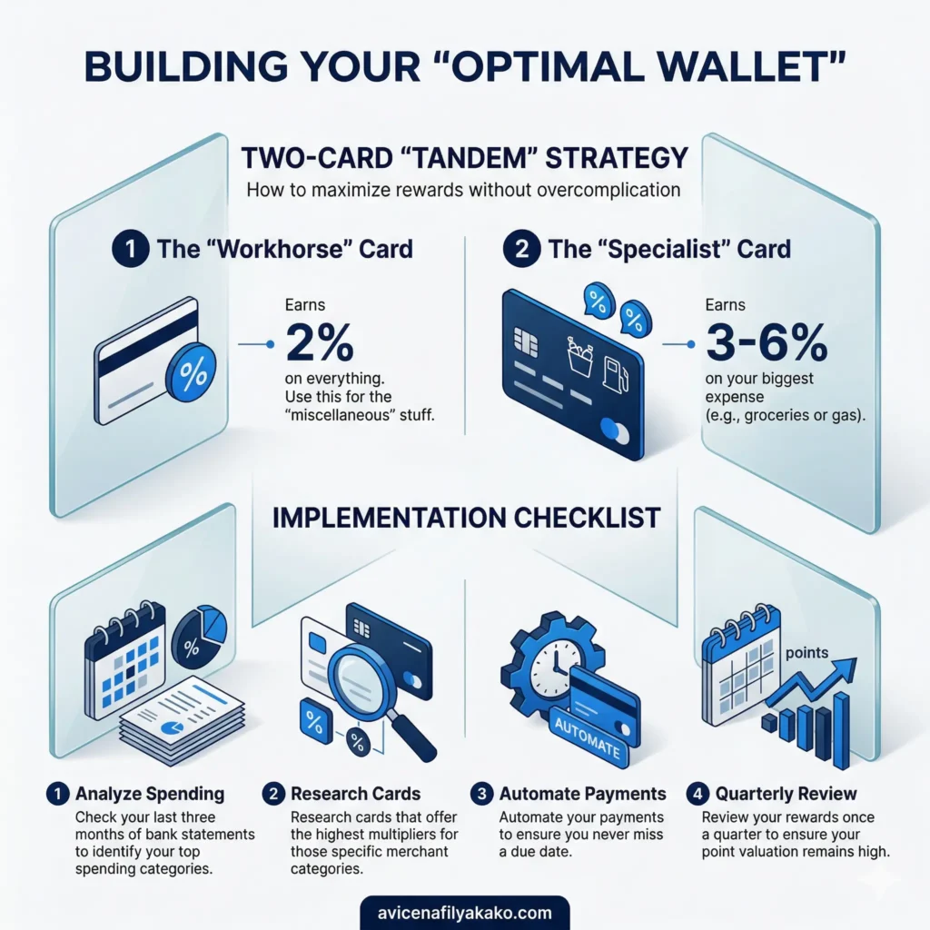 A vertical infographic titled "Building Your Optimal Wallet" showcasing a two-card tandem strategy to maximize Credit Card Rewards through a workhorse card and a specialist card.