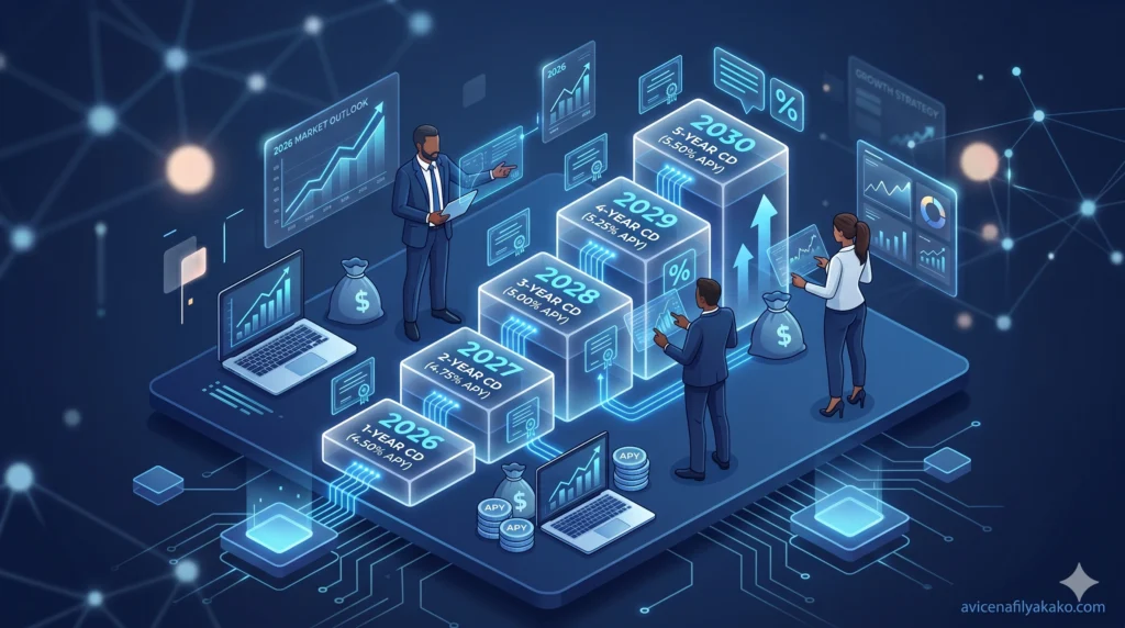 Financial advisors standing in a digital server room environment looking at glowing cubes that represent a high-yield CD ladder.
