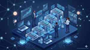 Financial advisors standing in a digital server room environment looking at glowing cubes that represent a high-yield CD ladder.