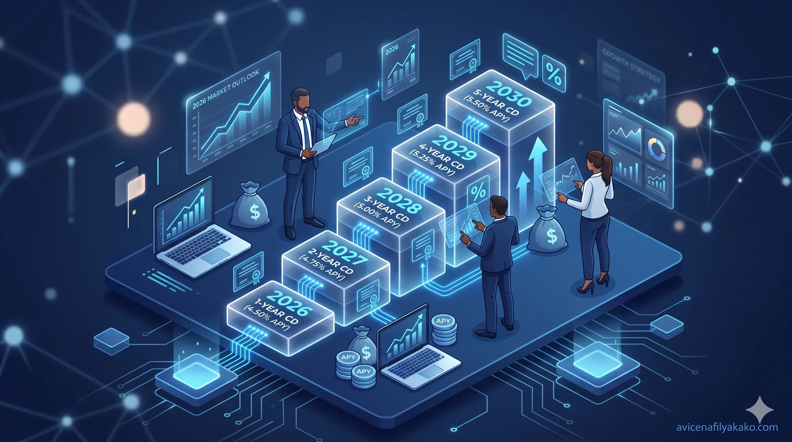 Financial advisors standing in a digital server room environment looking at glowing cubes that represent a high-yield CD ladder.
