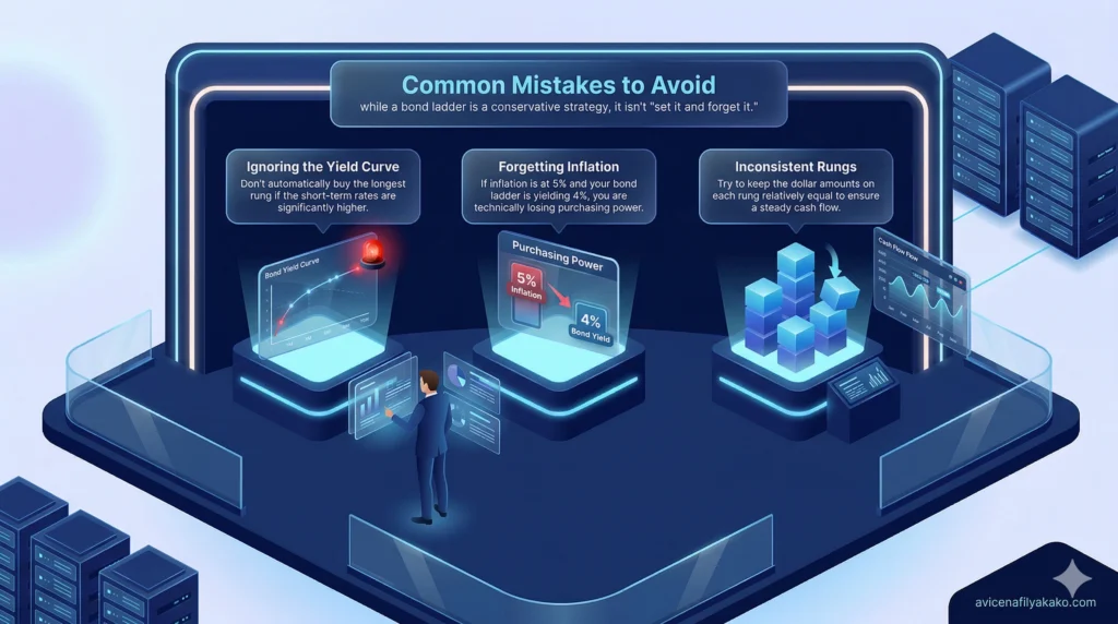 Common Mistakes to Avoid - image avicenafilyakako.com A dark-themed digital interface highlighting "Common Mistakes to Avoid" with red warning icons over poorly structured Bond Ladder modules.