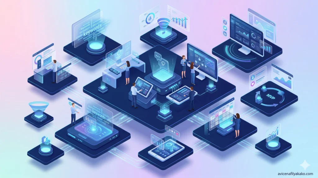 Defining Your MVP Content Strategy - Image avicenafilyakako.com An abstract 3D representation of digital blocks being organized into a cohesive MVP Content strategy.