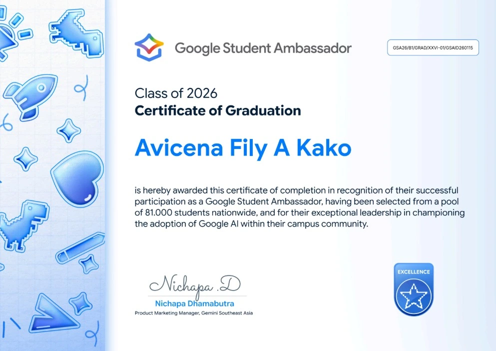 Google Student Ambassador 2026 Certificate of Graduation with Excellence distinction for Avicena Fily A Kako