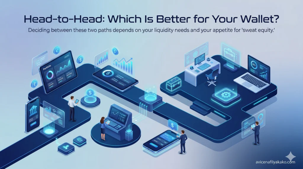 A digital roadmap comparing the financial outcomes of physical real estate versus REITs within a broader Index Fund investment strategy.