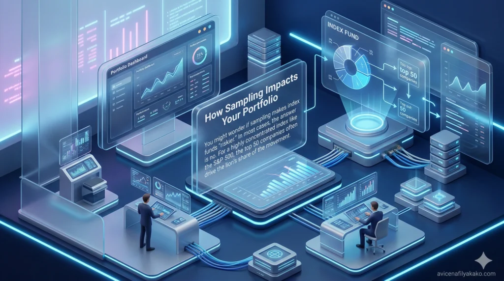 A person analyzing a multi-screen dashboard showing the long-term growth and stability of an Index Fund portfolio using sampling strategies.