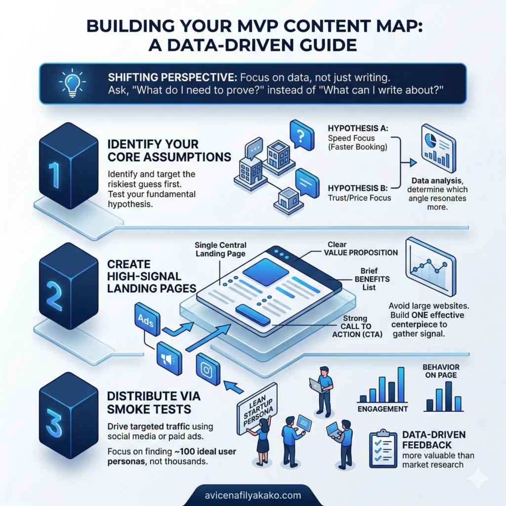 How to Build Your MVP Content Map - Infographic avicenafilyakako.com A 3-step infographic titled "Building Your MVP Content Map" detailing identifying assumptions, creating landing pages, and distributing via smoke tests.