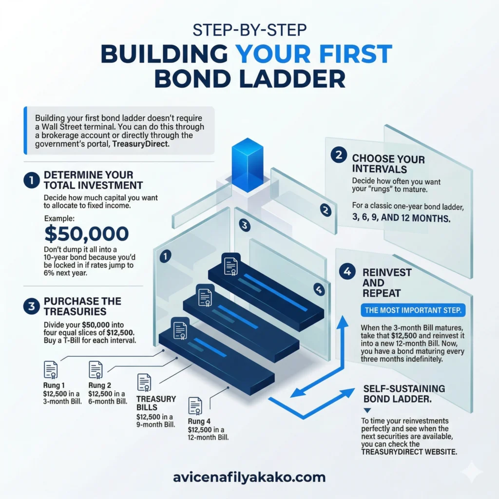 How to Build a Bond Ladder Step-by-Step - Infographic avicenafilyakako.com A detailed infographic titled "Building Your First Bond Ladder" showing steps like determining total investment, choosing intervals, and purchasing treasuries.