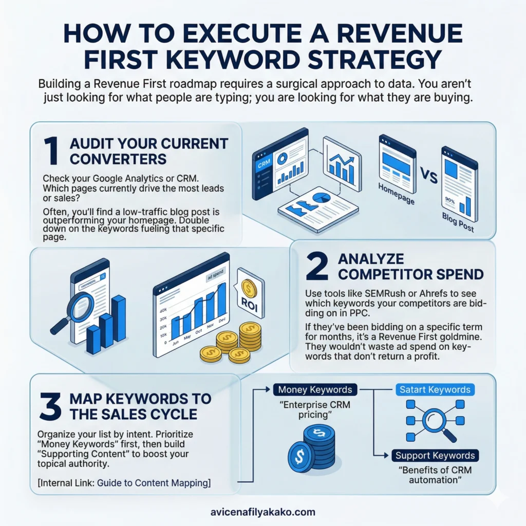 How to Execute a Revenue First Keyword Strategy - Infographic avicenafilyakako.com A vertical infographic titled "How to Execute a Revenue First Keyword Strategy" detailing: Audit Current Converters, Analyze Competitor Spend, and Map Keywords to Sales Cycle.