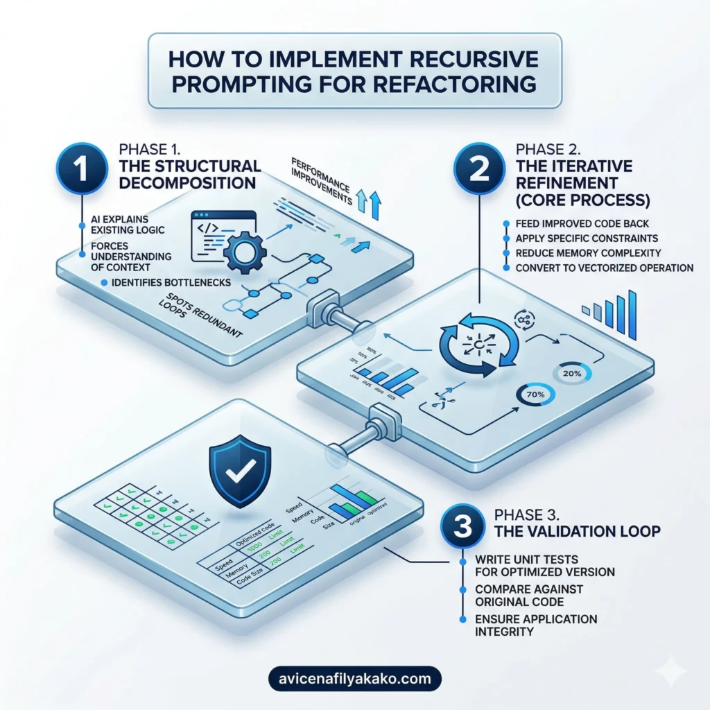 A 3-phase infographic titled "How to Implement Recursive Prompting for Refactoring" detailing Structural Decomposition, Iterative Refinement, and The Validation Loop.