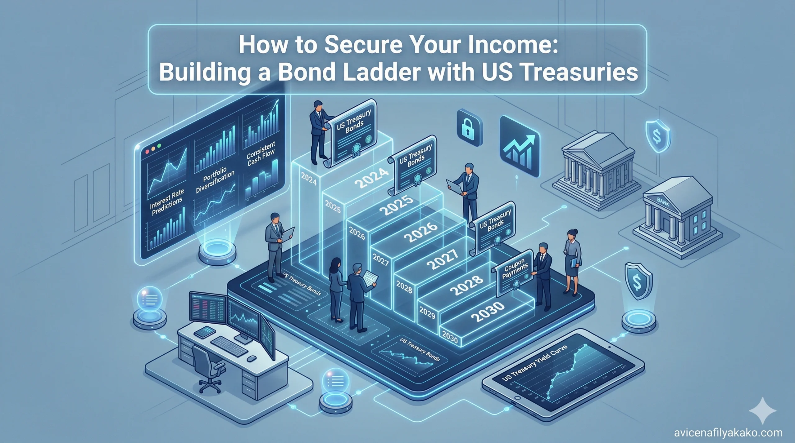 A blue-toned isometric view of a Bond Ladder integrated into a personal finance management system, showcasing consistent income generation.