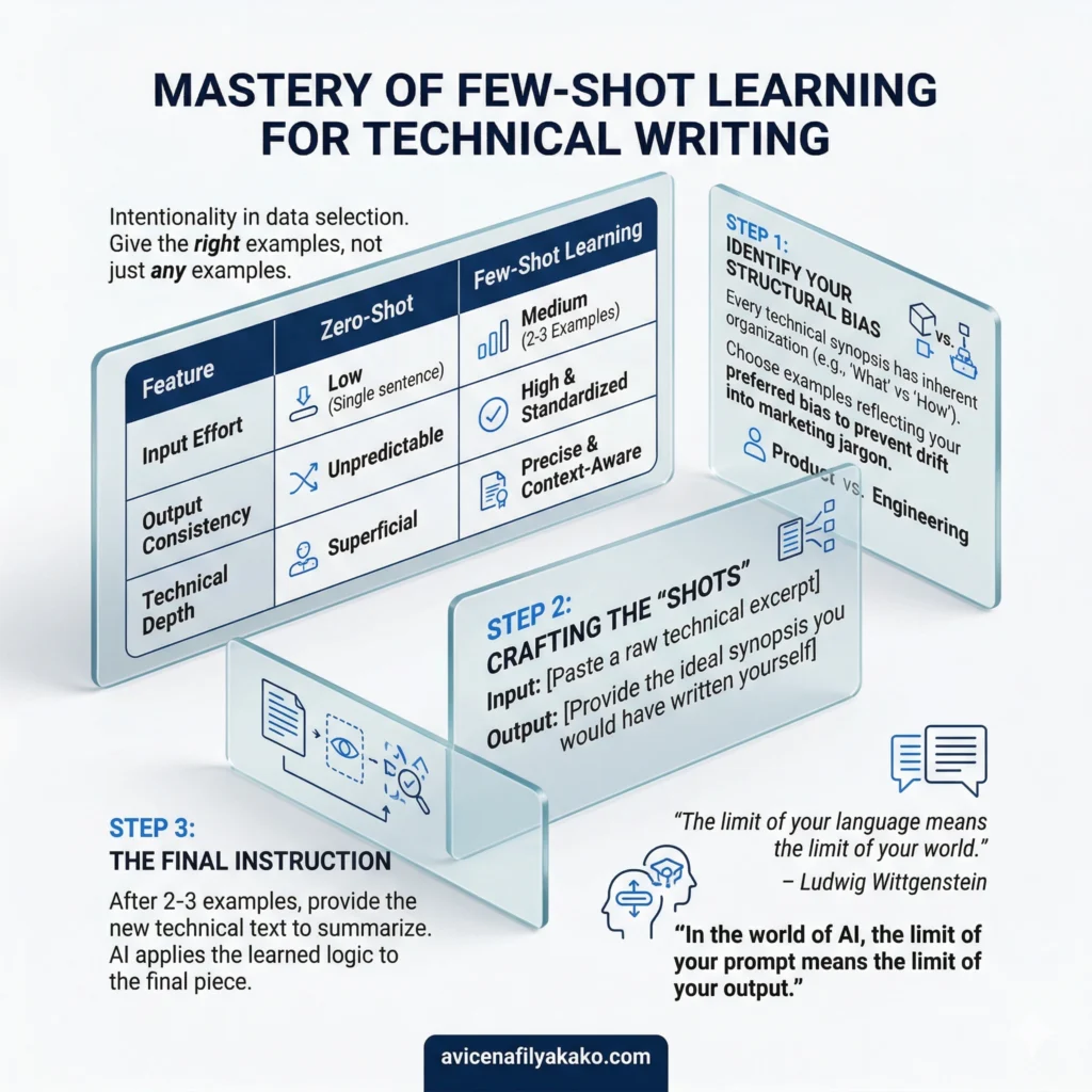 How to Structure Your Few-Shot Prompt - infographic avicenafilyakako.com A clean infographic titled "Mastery of Few-Shot Learning for Technical Writing" outlining a 3-step process: Identifying bias, crafting shots, and final instruction.
