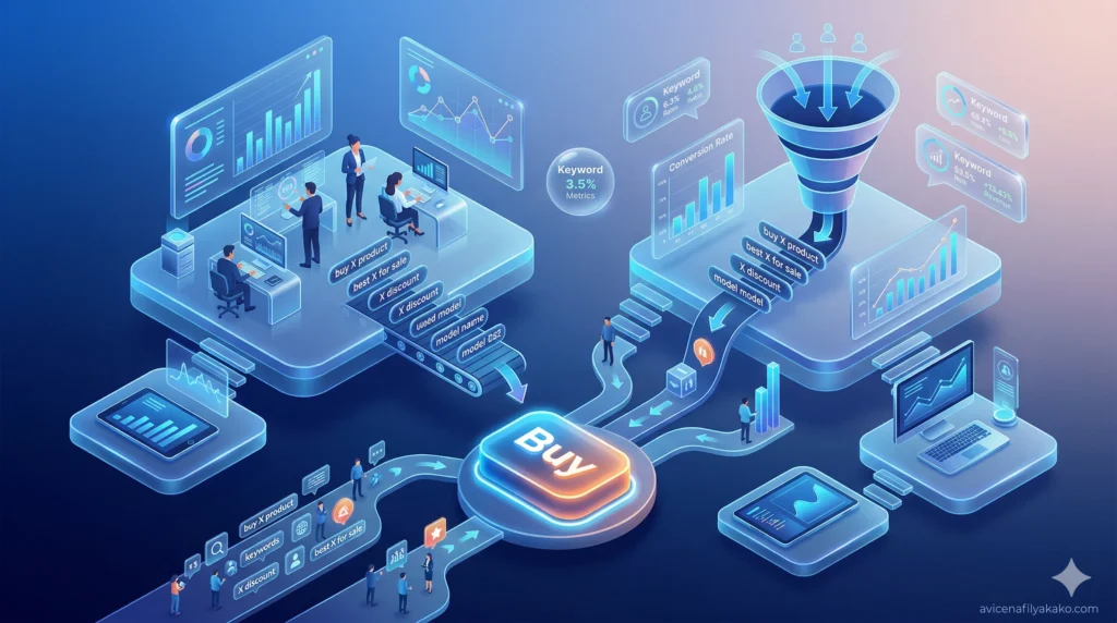 Identifying Bottom-Funnel Opportunities - Image avicenafilyakako.com A glowing digital funnel showing "Buy" intent signals being filtered out, representing a Revenue First analysis of bottom-funnel opportunities.