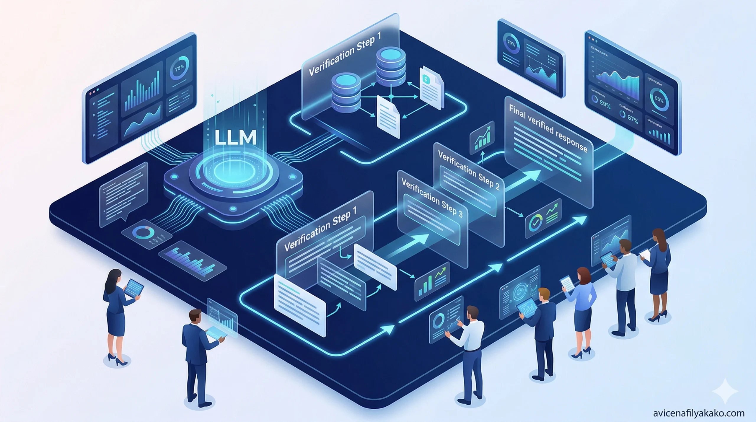 A 3D process diagram showing the steps of "The Fact Extraction Phase," "The Devil’s Advocate Prompt," and "Synthesis and Correction" within Chain of Verification.