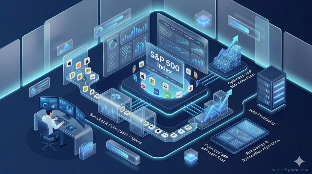 A high-tech 3D isometric visualization of the S&P 500 Index Fund being processed through a sampling filter to improve efficiency.