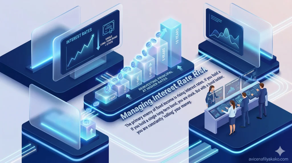 Managing Interest Rate Risk - Image avicenafilyakako.com A digital dashboard showing fluctuating market charts and a Bond Ladder structure acting as a stabilizing force against interest rate volatility.