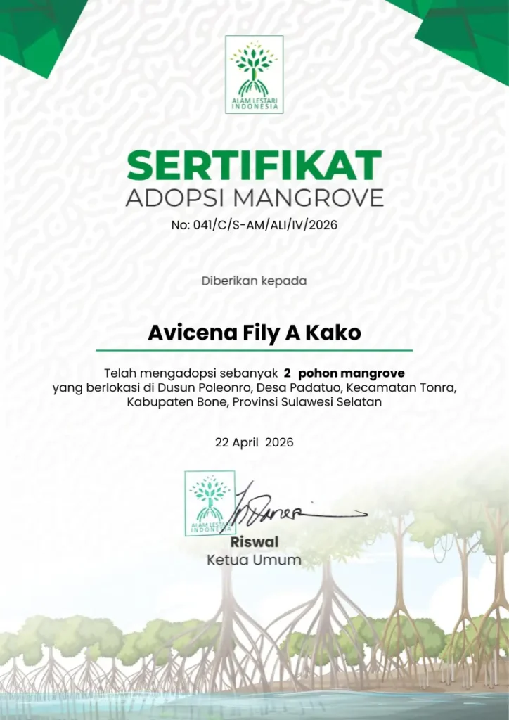 A formal digital certificate on a textured white and green paper background, titled "SERTIFIKAT ADOPSI MANGROVE," awarded to "Avicena Fily A Kako" with a specific certificate number and an official signature.