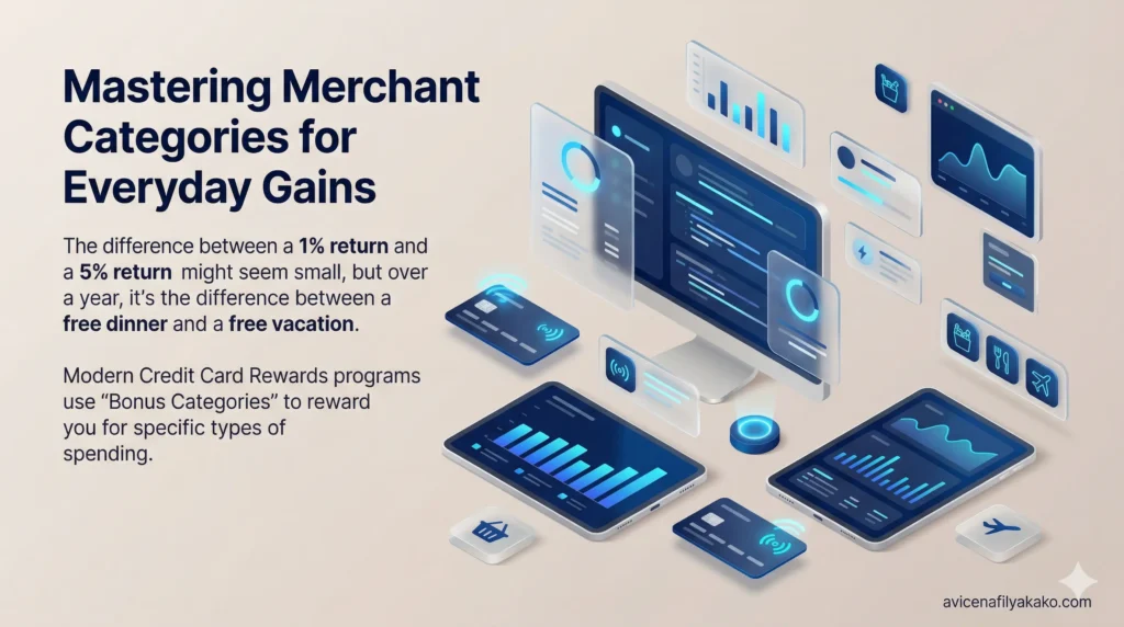 A digital interface displaying various merchant category codes (MCC) and how they trigger specific Credit Card Rewards multipliers for everyday gains.