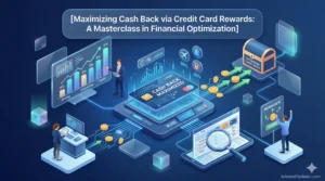 A sophisticated financial dashboard titled "Maximizing Cash Back via Credit Card Rewards" showing a person managing multiple rewards streams and automated redemptions.