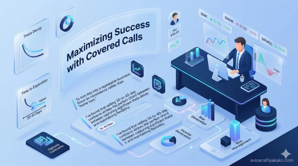 A 3D isometric visualization of an investor at a high-tech workstation managing a portfolio optimized for Covered Call income.