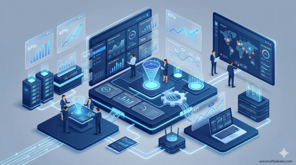 Optimizing for Conversion and Growth - Image avicenafilyakako.com A sophisticated digital dashboard displaying growth metrics and conversion data driven by an MVP Content strategy.